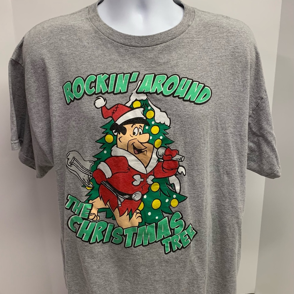 Hanna Barbara Fred Flintstone Rockin Around The Christmas Tree Gray Shirt Sz XL